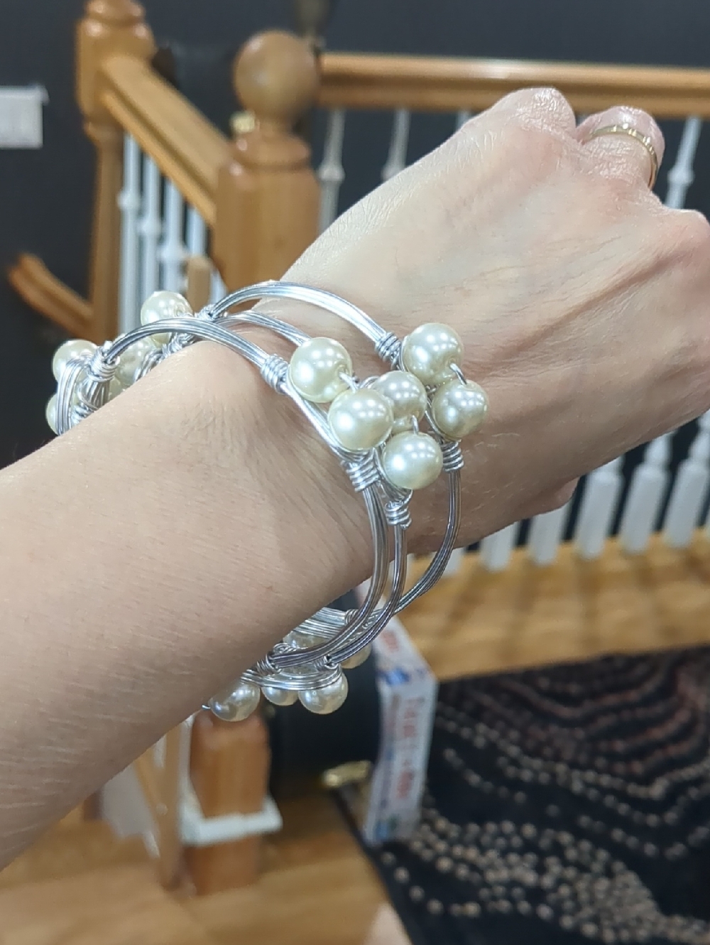 Faux Pearl Cluster Silver Wire Bangle Bracelet - Women Jewelry